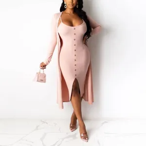 Solid Long Sleeve Button Detailed Dress & Cardigan Set