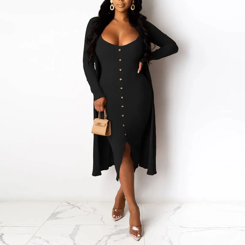 Solid Long Sleeve Button Detailed Dress & Cardigan Set