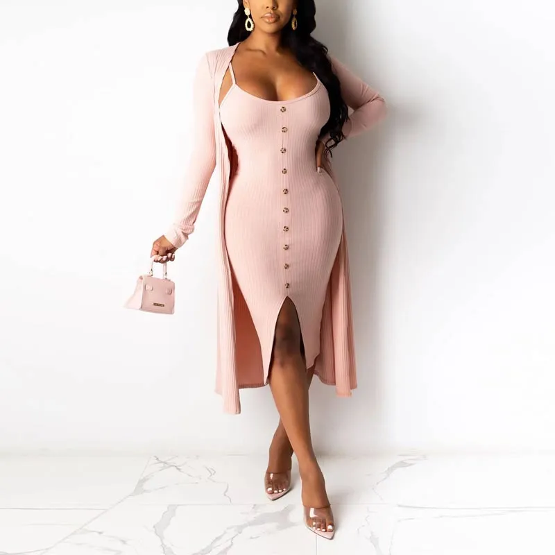 Solid Long Sleeve Button Detailed Dress & Cardigan Set