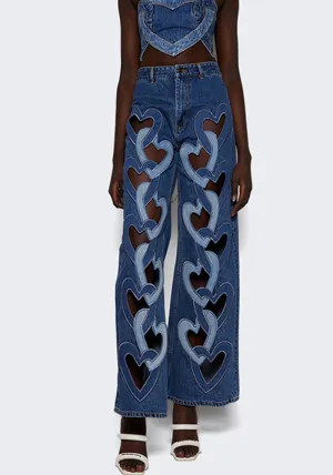 Statement Hollow Heart Denim Jeans with Bold Cutout Design