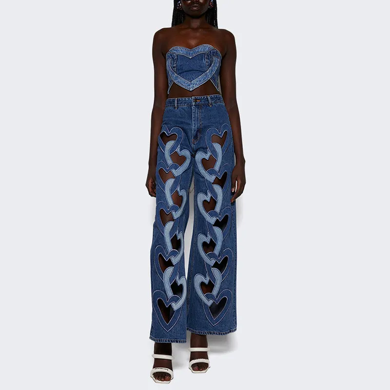 Statement Hollow Heart Denim Jeans with Bold Cutout Design