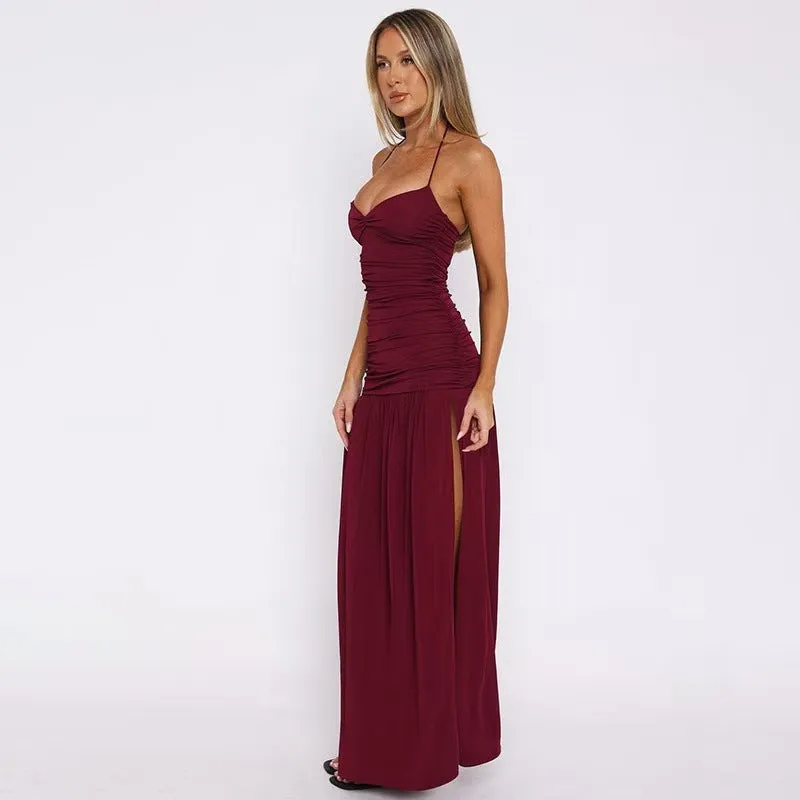 Sultry Halter Neck Backless Bodycon Maxi Dress with High Slit