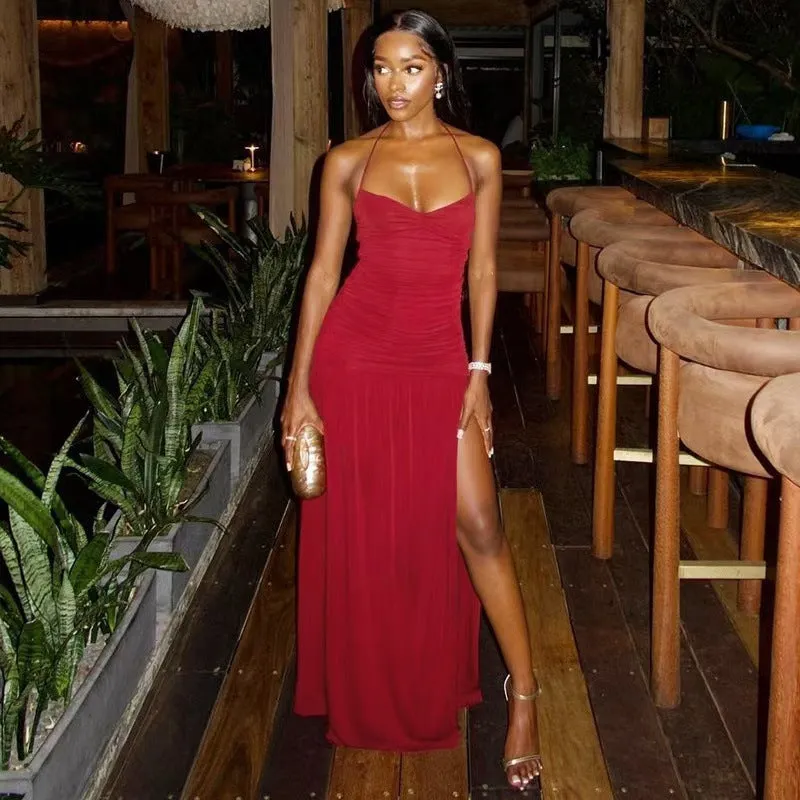 Sultry Halter Neck Backless Bodycon Maxi Dress with High Slit
