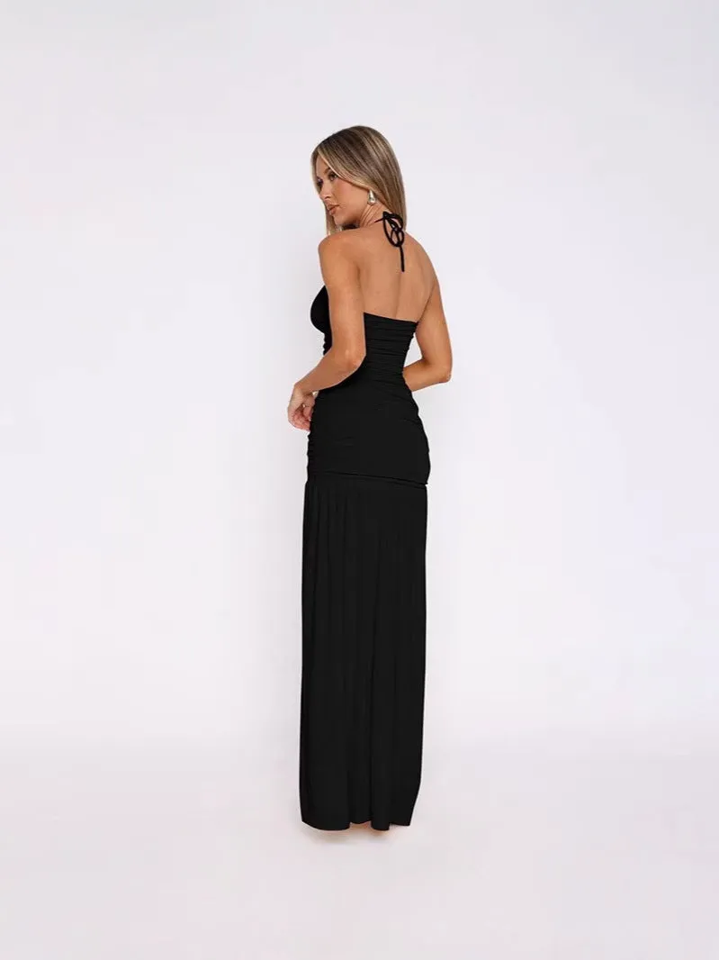 Sultry Halter Neck Backless Bodycon Maxi Dress with High Slit