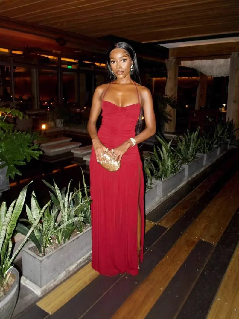Sultry Halter Neck Backless Bodycon Maxi Dress with High Slit