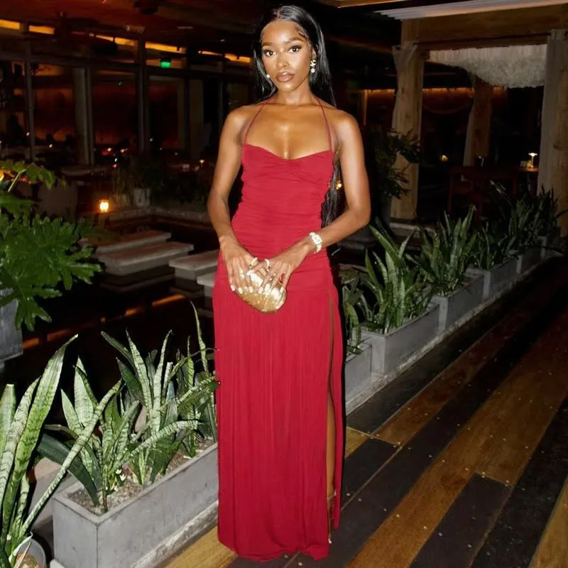 Sultry Halter Neck Backless Bodycon Maxi Dress with High Slit