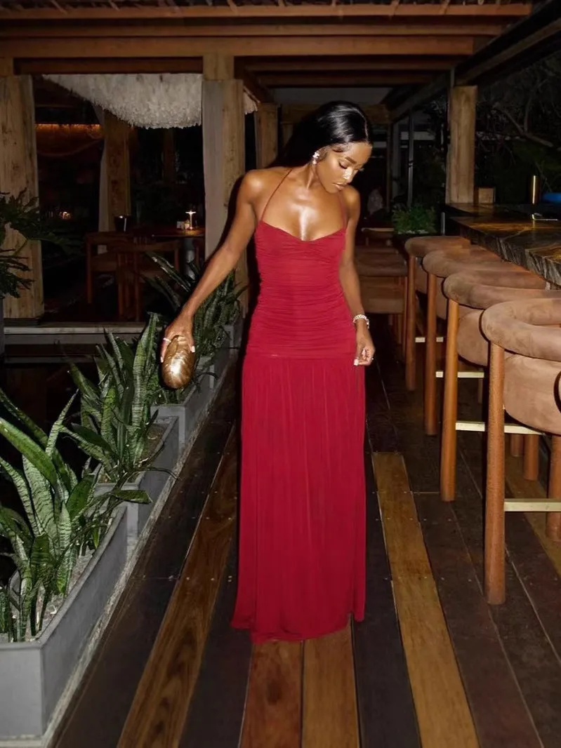 Sultry Halter Neck Backless Bodycon Maxi Dress with High Slit