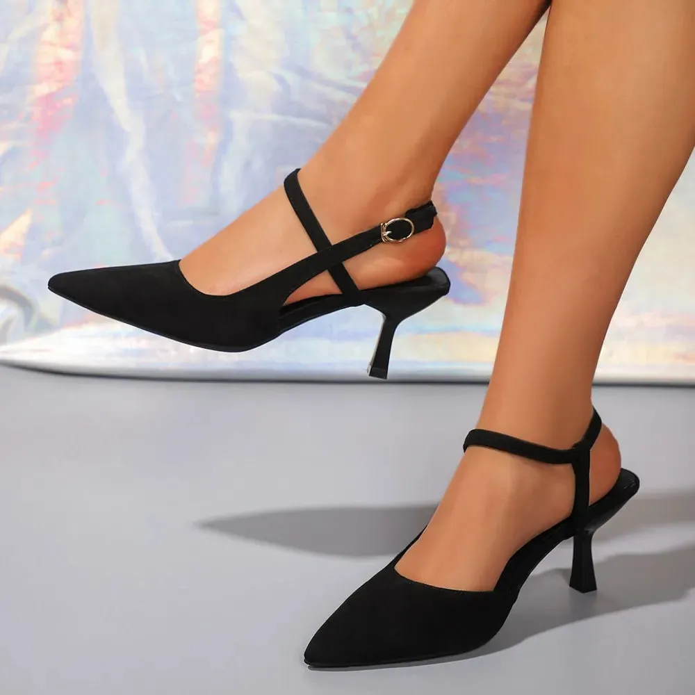 Summer high heels with pointed toes and slim heels paired with skirts