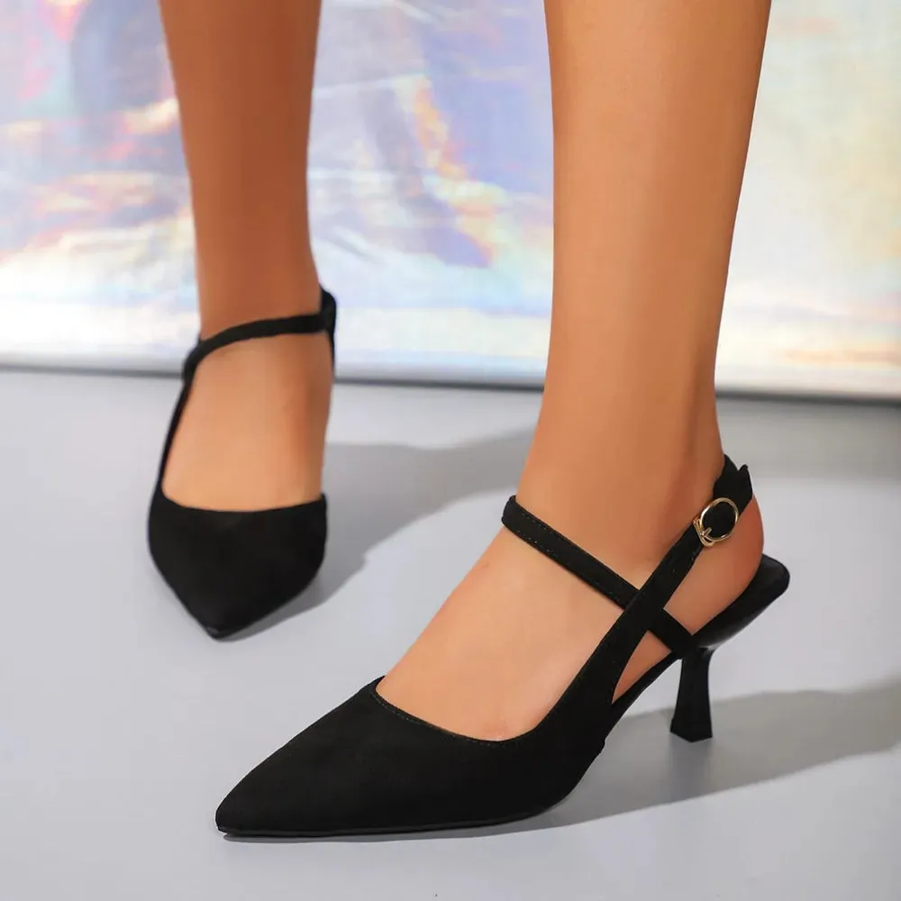 Summer high heels with pointed toes and slim heels paired with skirts