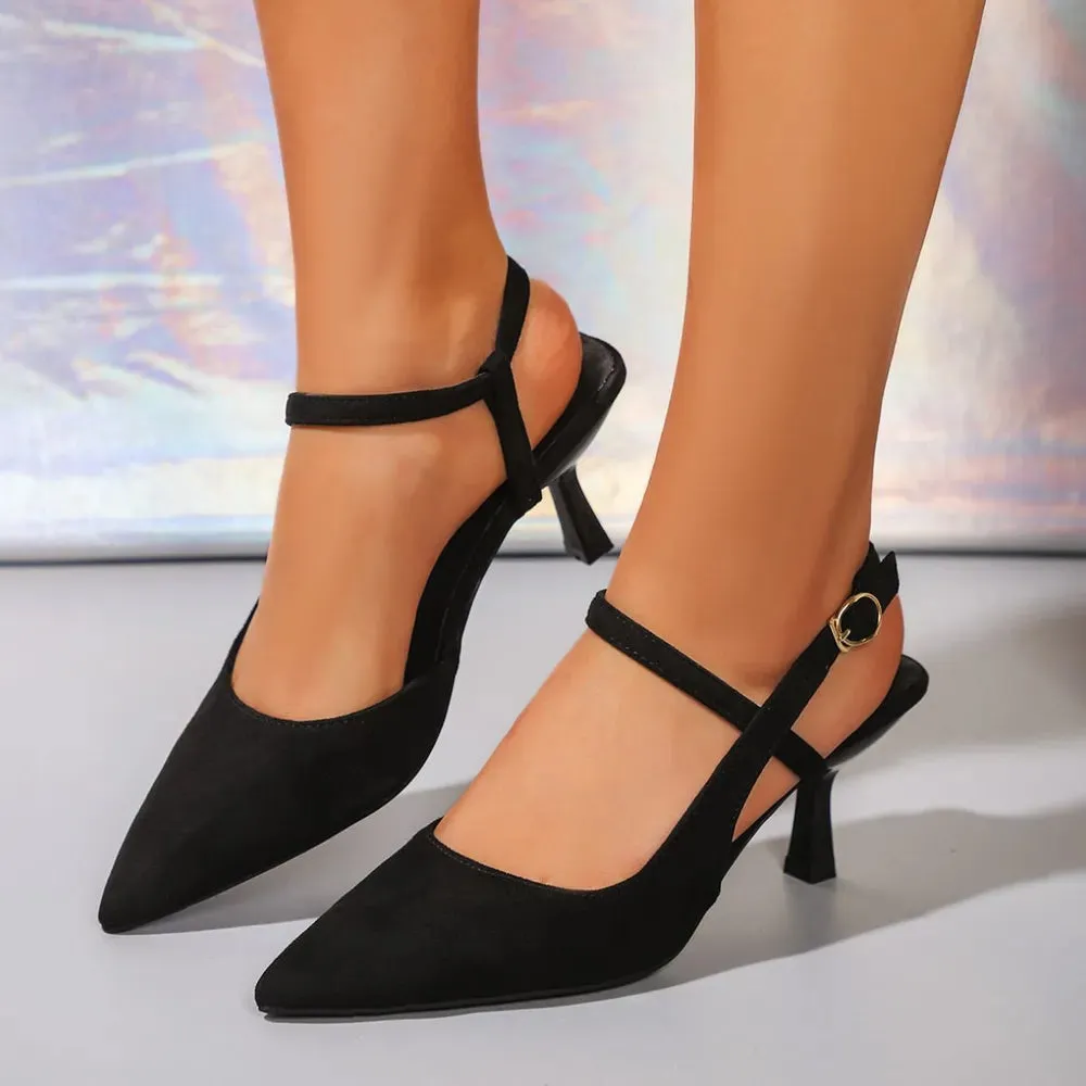 Summer high heels with pointed toes and slim heels paired with skirts