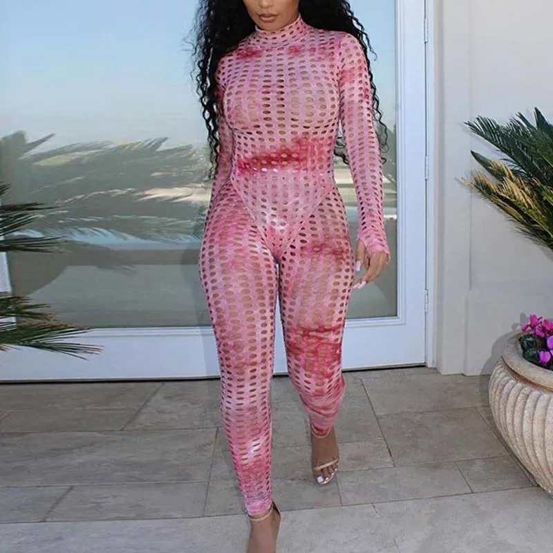 Tie Dye Print Long Sleeve Hollow Out Two Piece Set