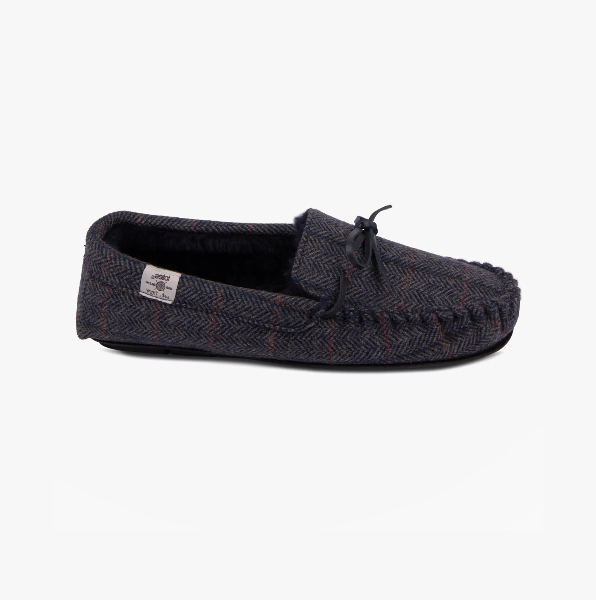Totes Toasties WOOL BLEND HERRINGBONE Moccasin Slippers Mens Navy