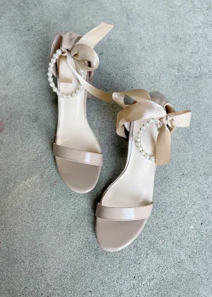 Trish Pearl Ankle Strap Heels in Patent Tan