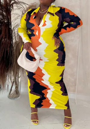 Vibrant Abstract Print Collared Long-Sleeve Bodycon Maxi Dress