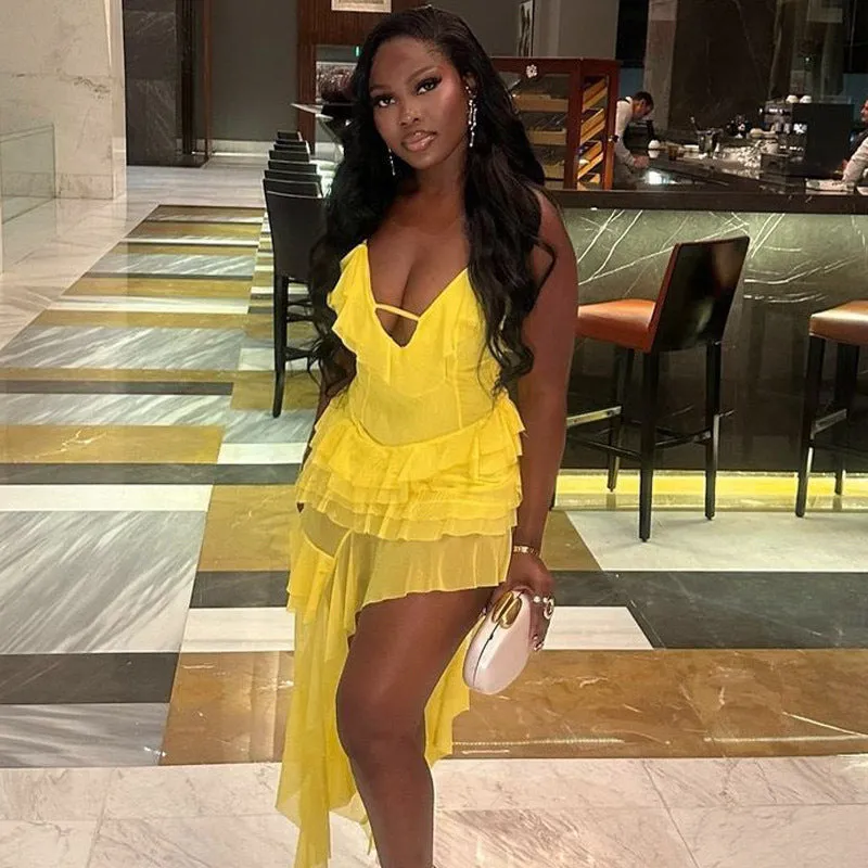 Vibrant Irregular Ruffled High-Slit Dress for a Bold Statement