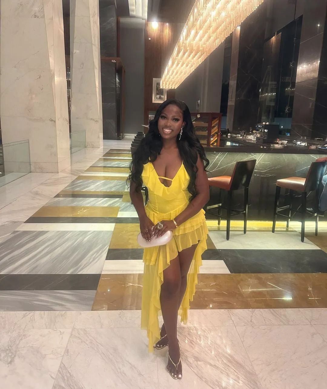 Vibrant Irregular Ruffled High-Slit Dress for a Bold Statement
