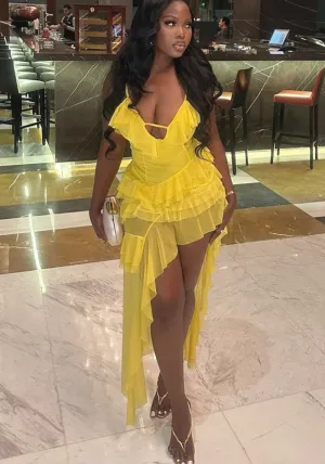 Vibrant Irregular Ruffled High-Slit Dress for a Bold Statement