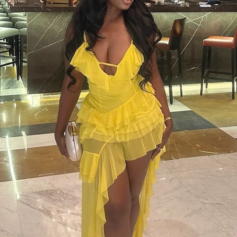 Vibrant Irregular Ruffled High-Slit Dress for a Bold Statement