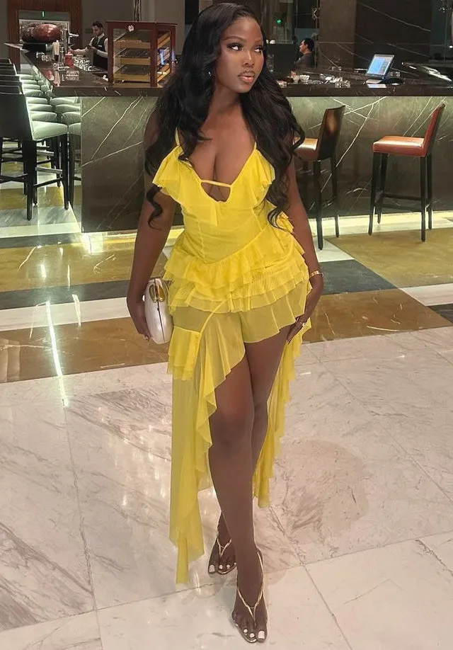Vibrant Irregular Ruffled High-Slit Dress for a Bold Statement