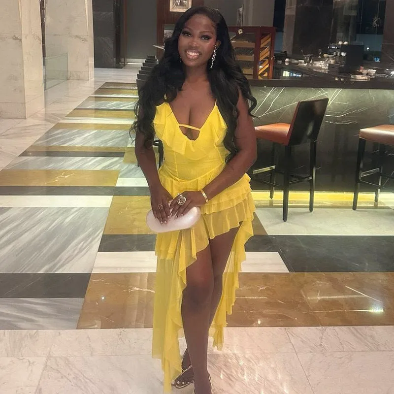 Vibrant Irregular Ruffled High-Slit Dress for a Bold Statement