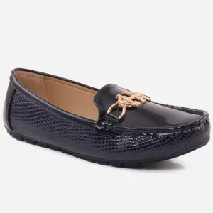 Women “ILESHA” Snake Texture  Patent Vamp Metallic Buckle Moccasin Shoes