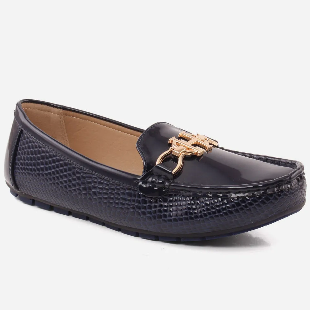 Women “ILESHA” Snake Texture  Patent Vamp Metallic Buckle Moccasin Shoes