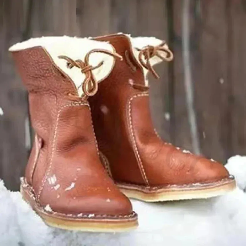 Women Winter PU Warm Lace Up Snow Boots