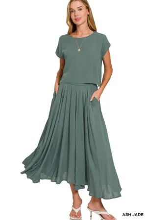 Woven Crinkle Gauze Crop Tee and Skirt Set