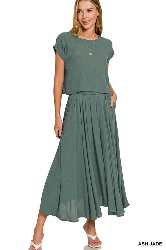 Woven Crinkle Gauze Crop Tee and Skirt Set