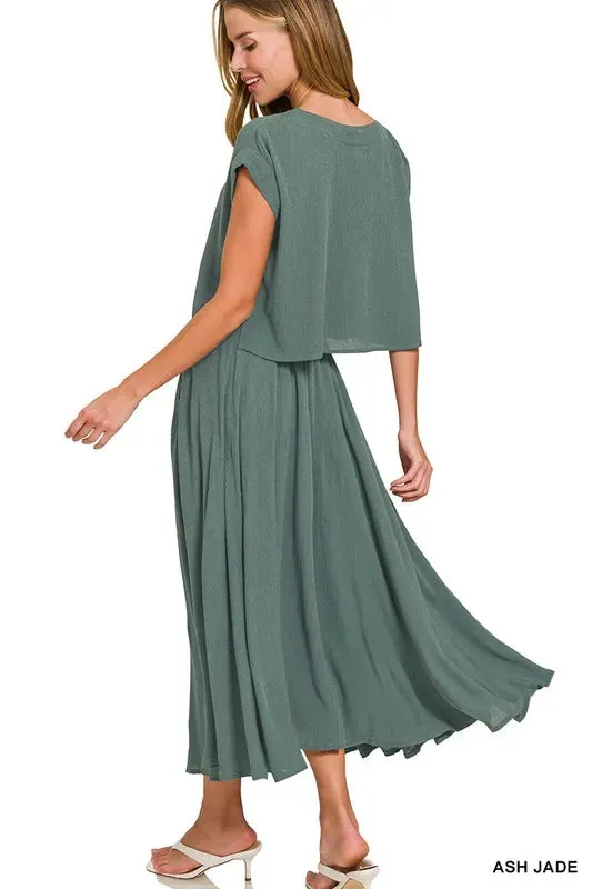 Woven Crinkle Gauze Crop Tee and Skirt Set