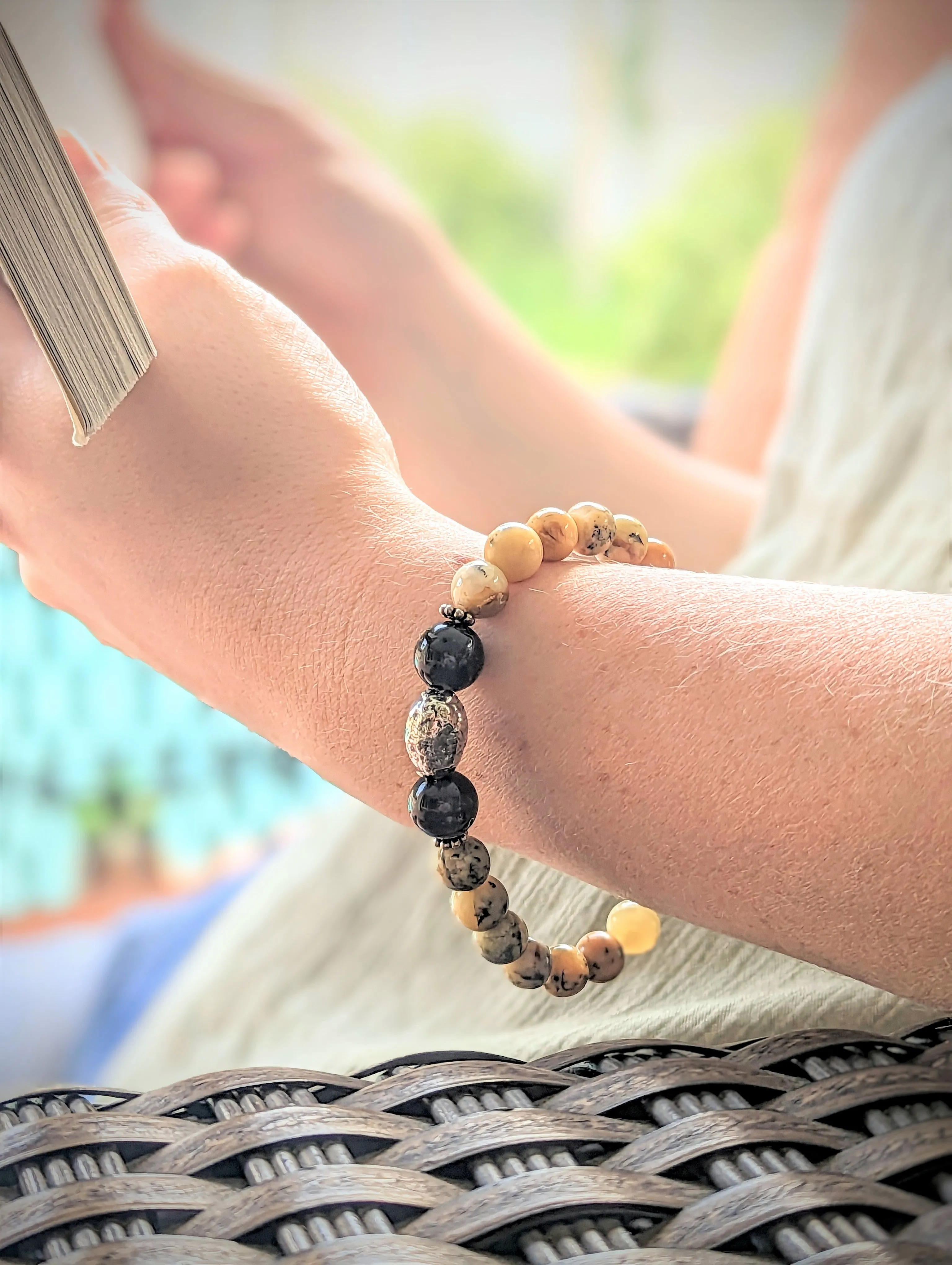 Yellow Dendritic Opal with Gold Sheen Obsidian and Silver Elastic Bracelet