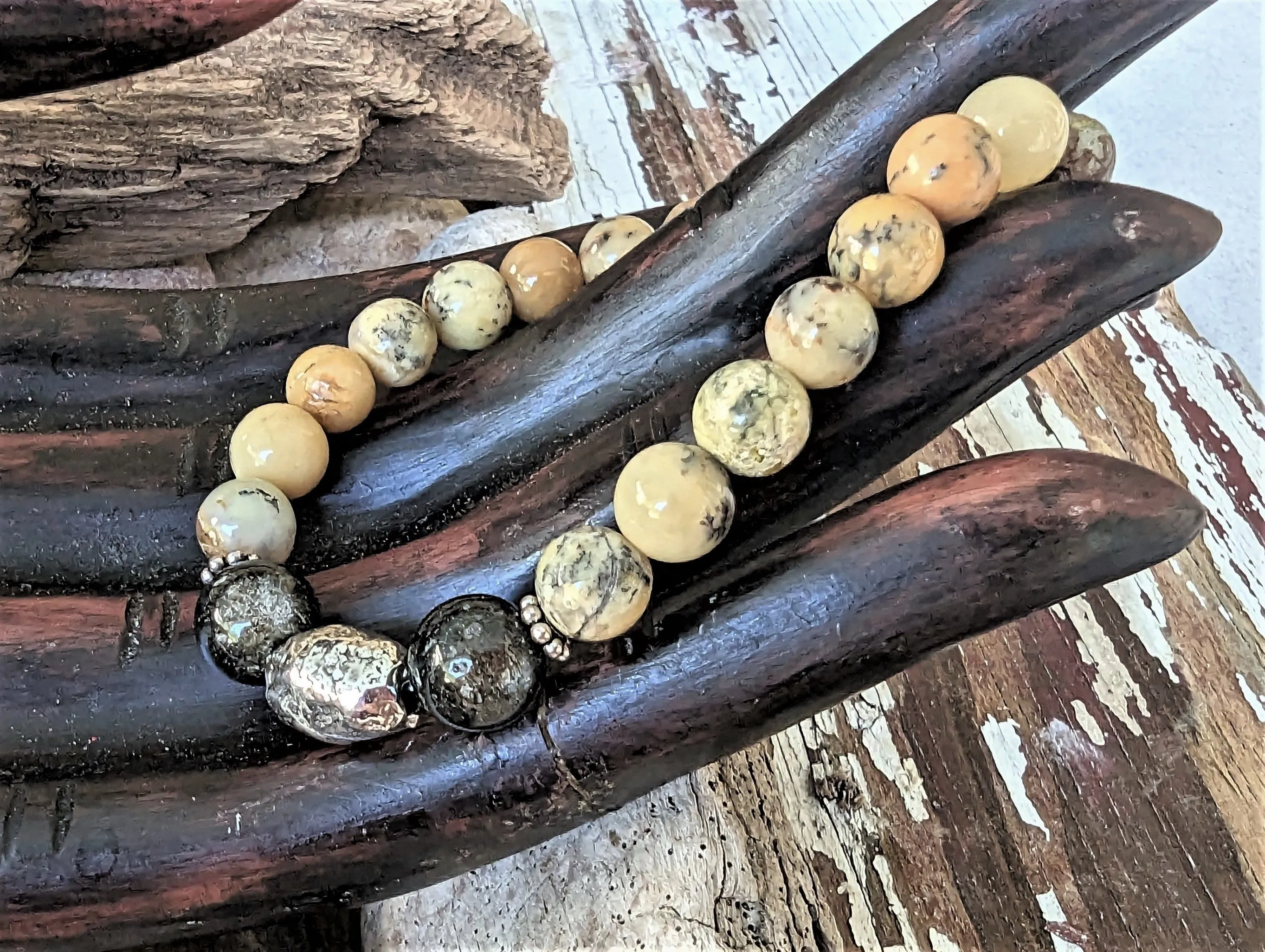 Yellow Dendritic Opal with Gold Sheen Obsidian and Silver Elastic Bracelet