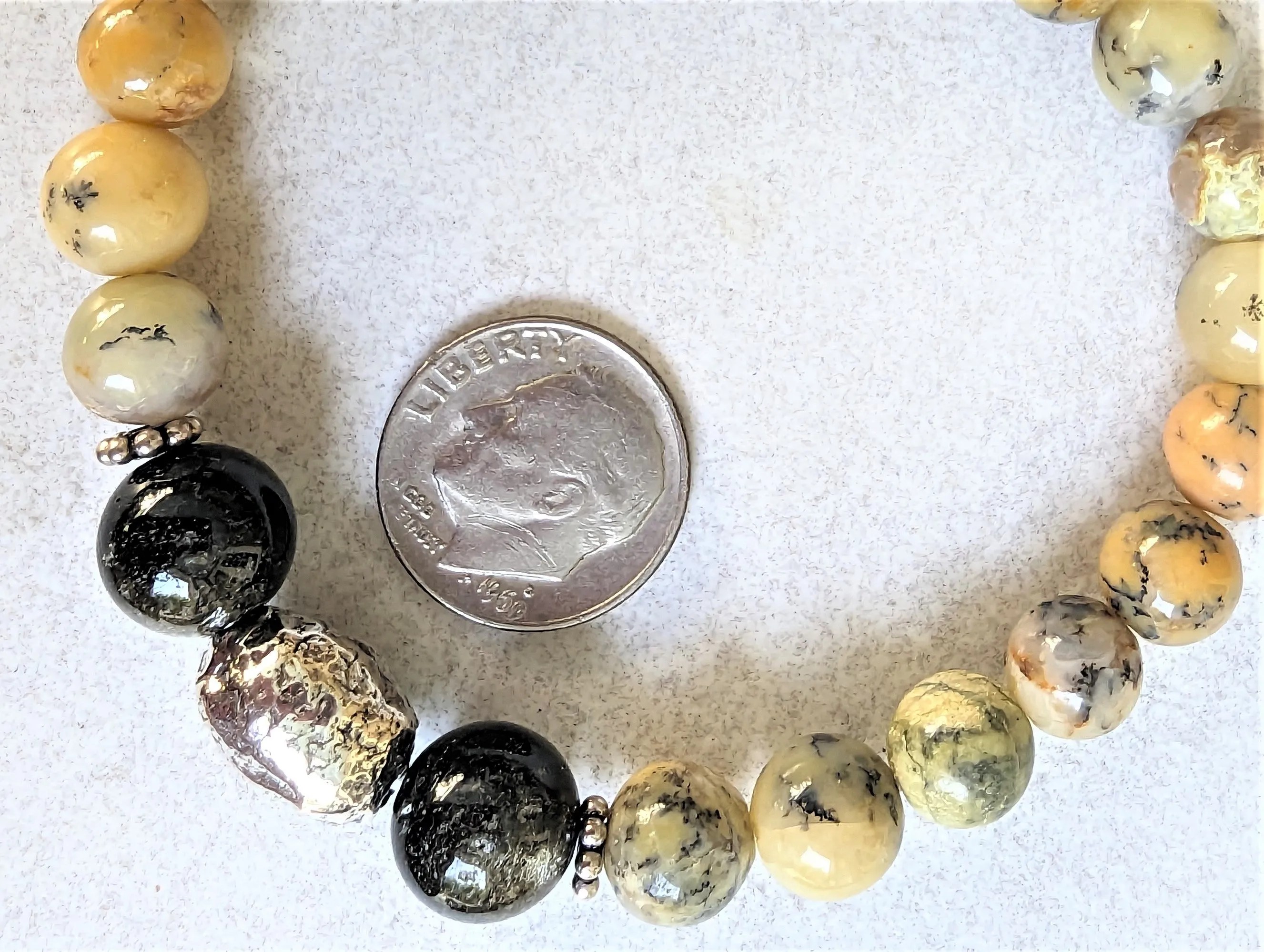 Yellow Dendritic Opal with Gold Sheen Obsidian and Silver Elastic Bracelet