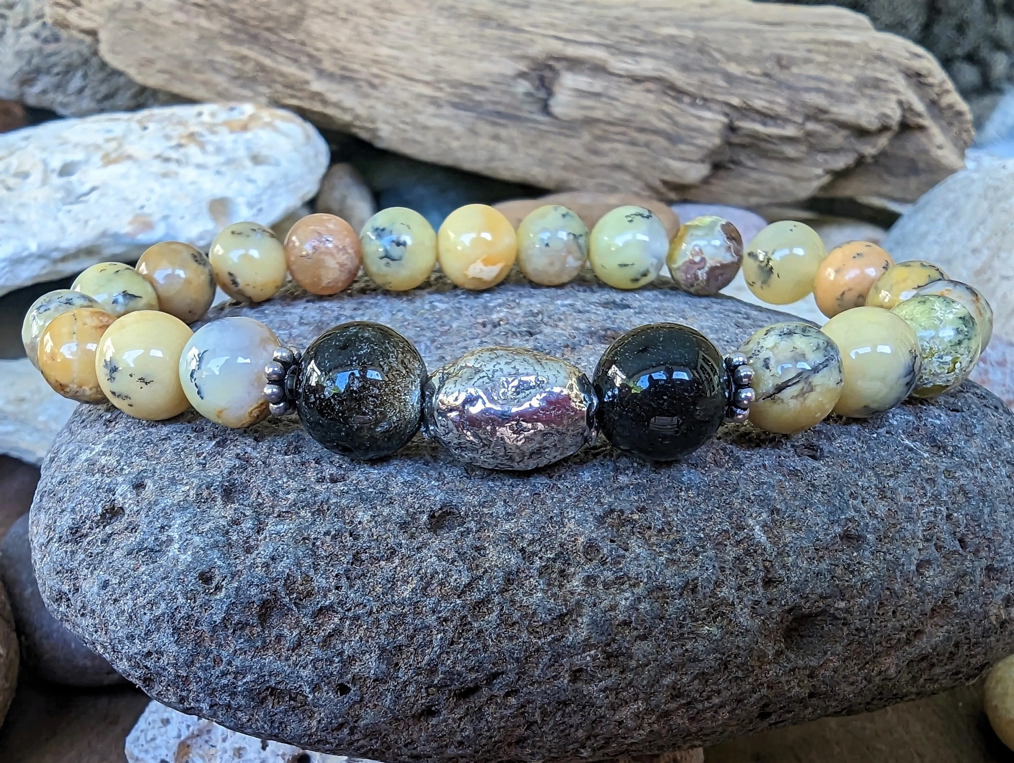 Yellow Dendritic Opal with Gold Sheen Obsidian and Silver Elastic Bracelet
